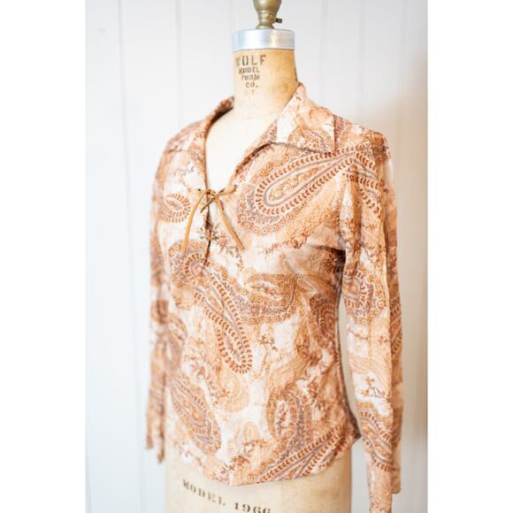Vintage Y2K Boho Blouse M, Brown Cream Paisley Sheer Lace-Up V-Neck Hippie Shirt - Picture 12 of 13